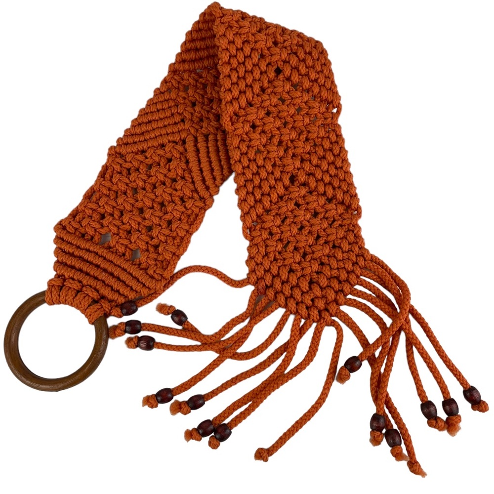 Vintage Handmade Macrame Autumn Fall Fray Beaded Burnt Orange Wall Hanging Art